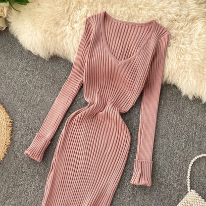 SINGRAIN Women Autumn Knitted Dress V Neck Sexy Slim Elastic Oversized Basic Bodycon Long Dress Winter knit Warm Sweater Dresses