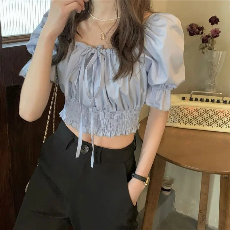 Off Shoulder Lace Up Bow Crop Top Blouse Women Summer Shirring Puff Short Sleeve Female Shirts Sweet Ruffle Tunic Korean Fashion Blue