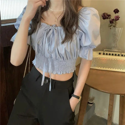 Off Shoulder Lace Up Bow Crop Top Blouse Women Summer Shirring Puff Short Sleeve Female Shirts Sweet Ruffle Tunic Korean Fashion Blue