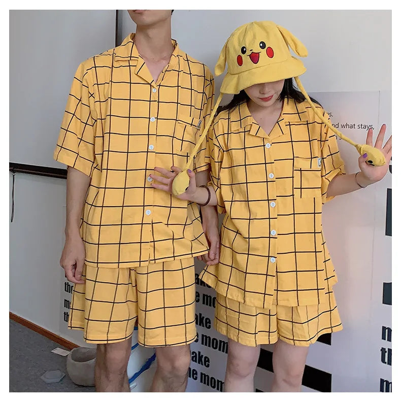Women's Pyjamas Cute Lattice Print Pajama Sets Summer Casual Short Sleeve Couple Sleepwear Thin Cotton Home Maiden 2-piece Set