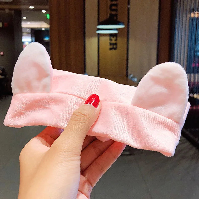 Wash Face Hair Holder Hairbands Soft Warm Coral Fleece Bow Animal Ears Headband For Women Girls Turban Fashion Hair Accessories thin pink