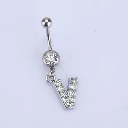 1Pc Letter Belly Button Ring Rhinestone Alphabet Pendant Navel Body Piercing Jewelry Silver Colour Nombril Piercing Gift Women V