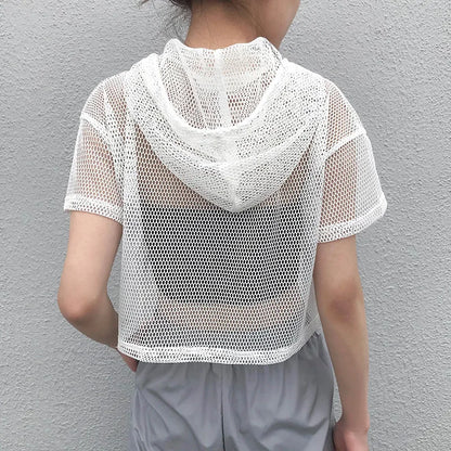 Womens Hollow Mesh Net Hooded T-Shirt Short Sleeve Tee Tops Transparent Black Swxy Clubwear Party