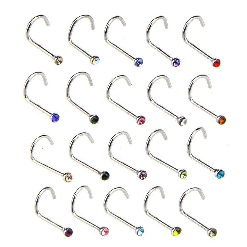 20pcs/lot Stainless Steel Crystal Rhinestone Nose Studs Hooks Bar Pin Nose Rings Body Piercing Jewelry For Women