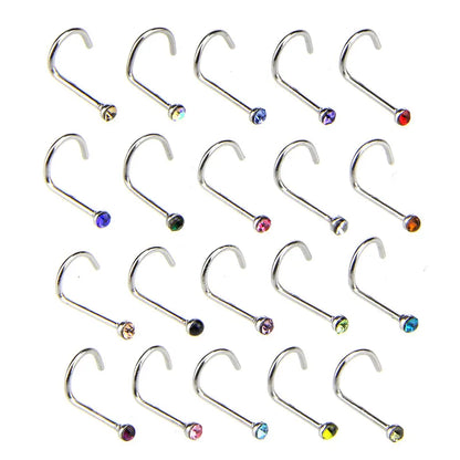 20pcs/lot Stainless Steel Crystal Rhinestone Nose Studs Hooks Bar Pin Nose Rings Body Piercing Jewelry For Women