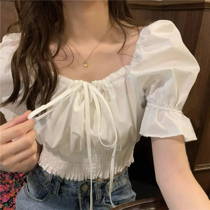 Off Shoulder Lace Up Bow Crop Top Blouse Women Summer Shirring Puff Short Sleeve Female Shirts Sweet Ruffle Tunic Korean Fashion