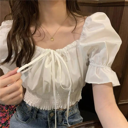 Off Shoulder Lace Up Bow Crop Top Blouse Women Summer Shirring Puff Short Sleeve Female Shirts Sweet Ruffle Tunic Korean Fashion