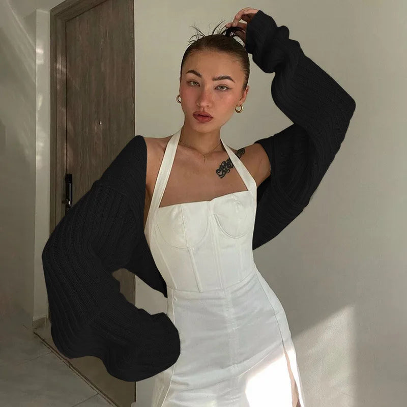 Tossy White Women Sweater Shrugs Cropped Top Full Lantern Sleeve Knitwear Pullover Sexy Summer High Street Outwear 2023 Spring