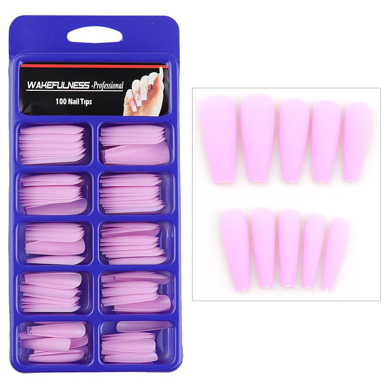 WAKEFULNESS 100Pcs/Set Matte Fake Nail Art Tips Long Ballerina Coffin Nails ABS Full Cover Fasle Nails Tools Manicure 270