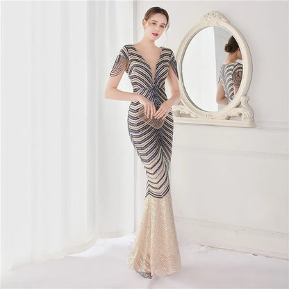DEERVEADO Elegant V Neck Mermaid Evening Dress Long Luxury Beads Women Evening Party Dresses 2025 New Formal Dress 19085 Badiee Stylez