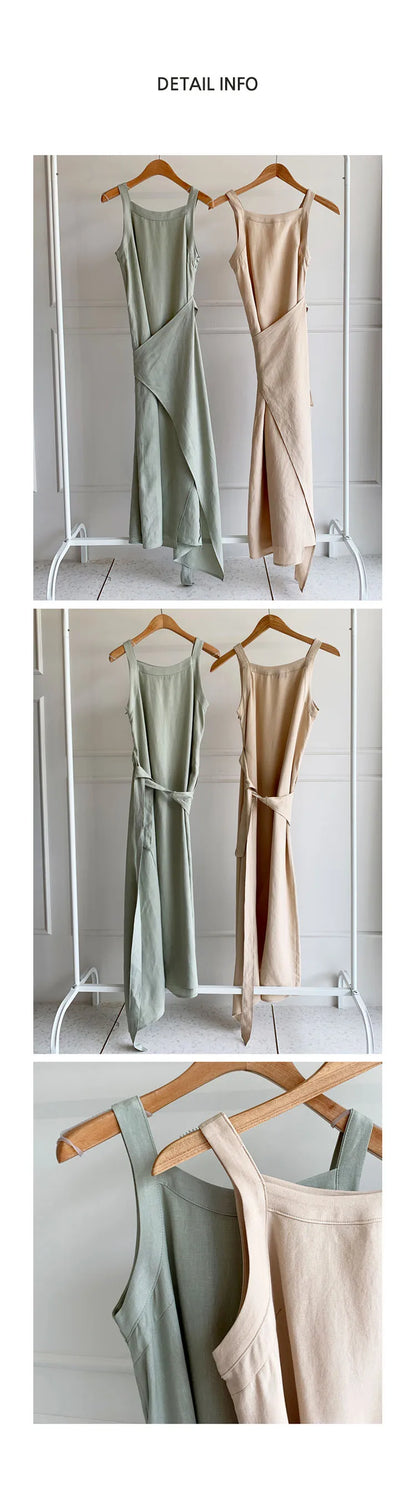 REALEFT New 2024 Summer Cotton Linen Women's Long Dresses Vintage Lace Up Maxi Dress Sashes Sleeveless Female Tank Beach Dresses