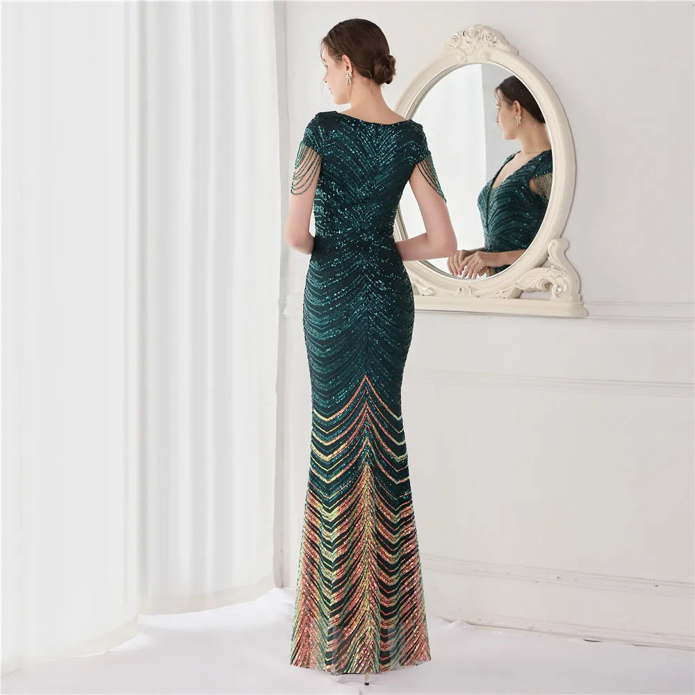 DEERVEADO Elegant V Neck Mermaid Evening Dress Long Luxury Beads Women Evening Party Dresses 2025 New Formal Dress 19085 Badiee Stylez