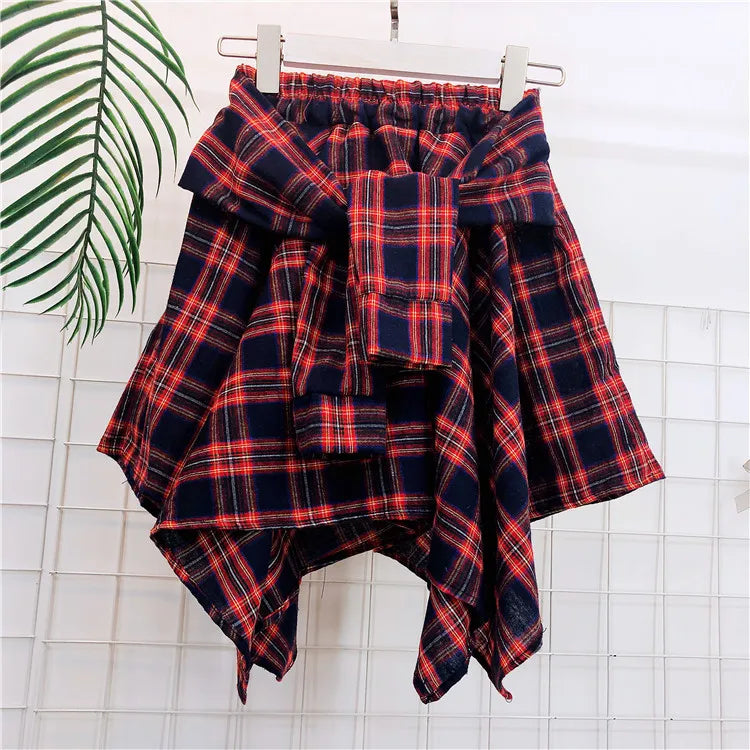 TOTRUST Fashion College Asymmetrical Skirt Women Summer Plaid Skirt Women Casual Students Fake Shirt Mini Skirt Female Saia
