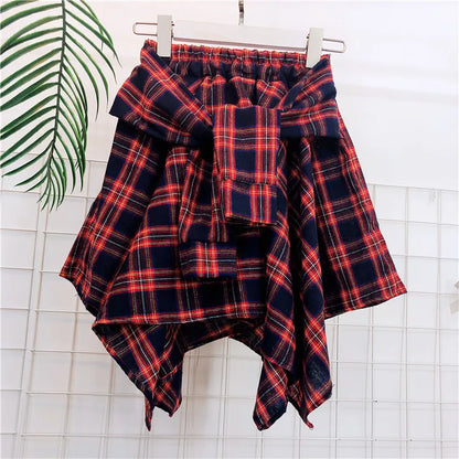 TOTRUST Fashion College Asymmetrical Skirt Women Summer Plaid Skirt Women Casual Students Fake Shirt Mini Skirt Female Saia
