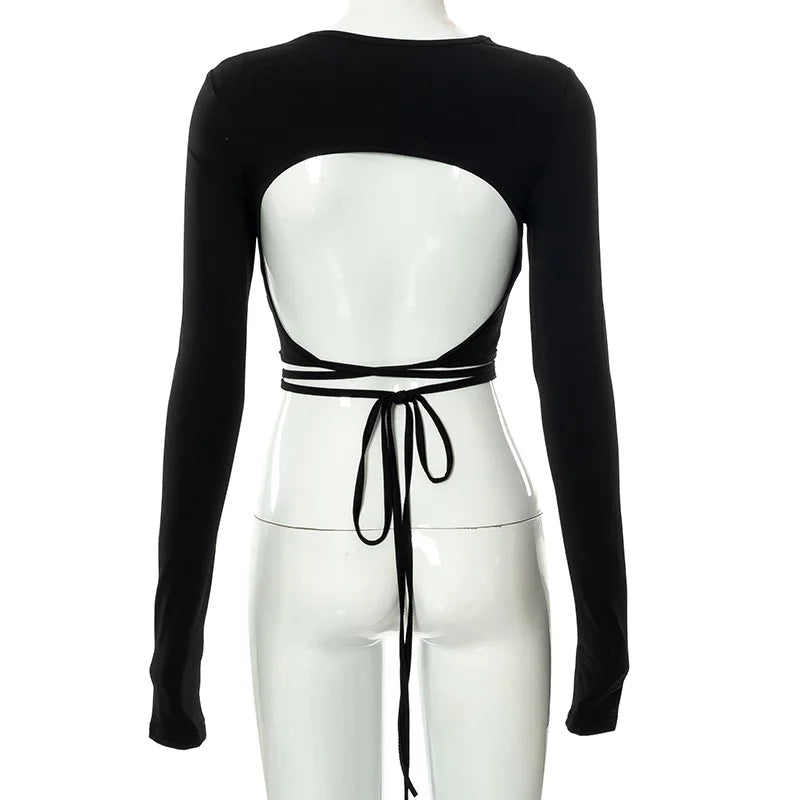 Sexy Backless Lace ups Pullover Tees Women Autumn Black O-neck Slim Longsleeve Short T-Shirt