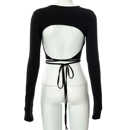 Sexy Backless Lace ups Pullover Tees Women Autumn Black O-neck Slim Longsleeve Short T-Shirt