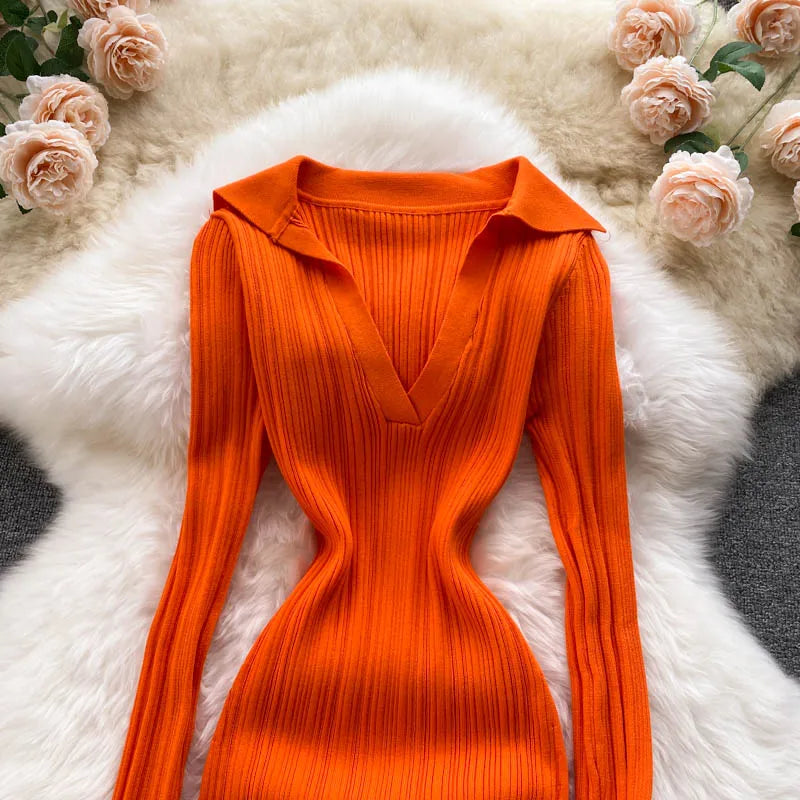 SINGREINY Women Korean Knitted Dress Long Sleeve V Neck Elastic Slim Pencil Dresses 2021 Autumn Sexy Bodycon Split Sweater Dress