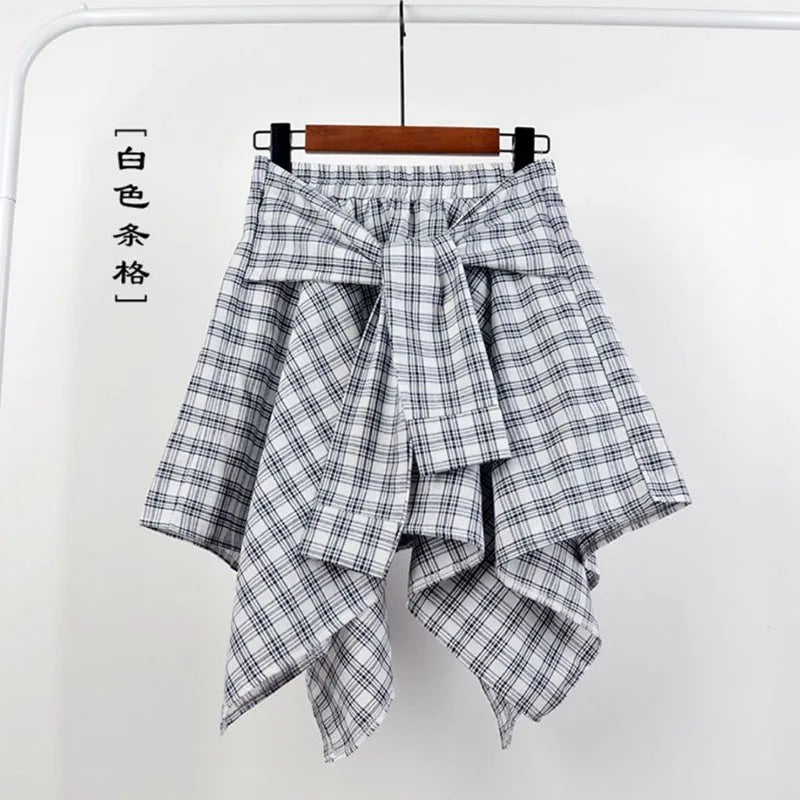 TOTRUST Fashion College Asymmetrical Skirt Women Summer Plaid Skirt Women Casual Students Fake Shirt Mini Skirt Female Saia 15 One Size