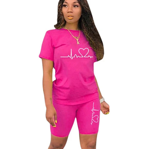 Summer Women Two Piece Set Sportswear T-Shirts and Shorts Ladies Casual O-Neck Pullover Short Sleeve T-Shirt Casual Tracksuit pink