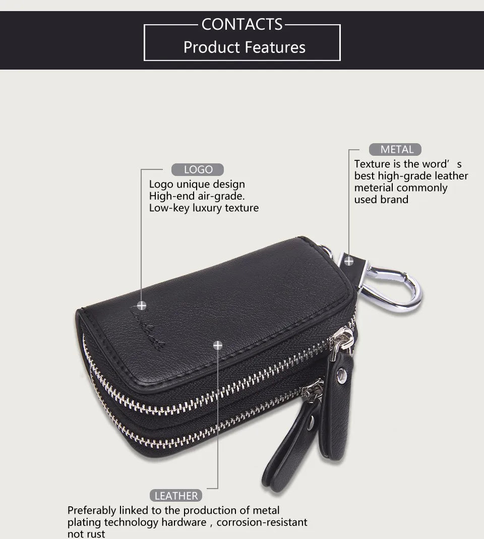 CONTACT'S Classic New Double Zip Men's Genuine Cow Leather Car Key Holder Multifunction Housekeeper High Class Motor Key Case