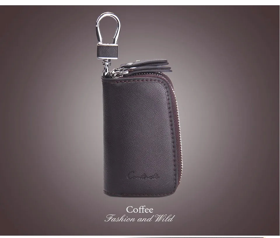 CONTACT'S Classic New Double Zip Men's Genuine Cow Leather Car Key Holder Multifunction Housekeeper High Class Motor Key Case