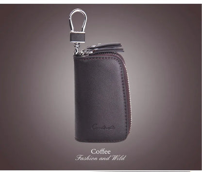 CONTACT'S Classic New Double Zip Men's Genuine Cow Leather Car Key Holder Multifunction Housekeeper High Class Motor Key Case