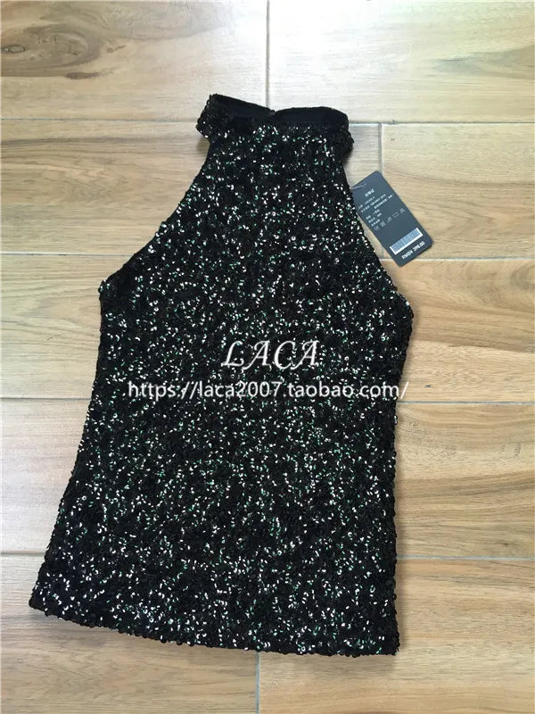 Sequins Women Fashion Shimmer Flashy Embellished High Quality Halter Neck Sleeveless Vest Sexy Tank Top Clubwear Stage Perform
