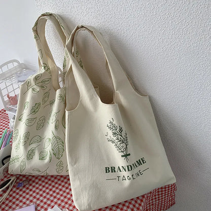 Women Canvas Leaves Flower Tote Shopper Bags Ladies Casual Cotton Cloth Shoulder Bag Eco Reusable Shopping Bag Girl Beach Travel