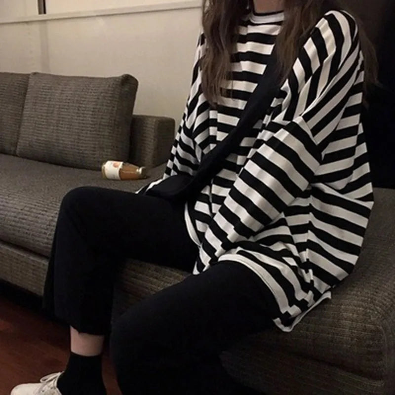 spring Autumn Women harajuku Striped Tshirt Long Sleeve O-Neck T-Shirts ulzzang Korean Casual T Shirt Femme black Tops