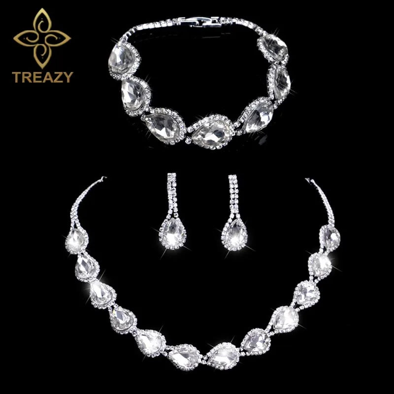 TREAZY Silver Color Rhinestone Crystal Bridal Jewelry Sets for Women Necklace Earrings Bracelet Set Wedding Jewelry Accessories style 11 Clear