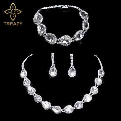 TREAZY Silver Color Rhinestone Crystal Bridal Jewelry Sets for Women Necklace Earrings Bracelet Set Wedding Jewelry Accessories style 11 Clear