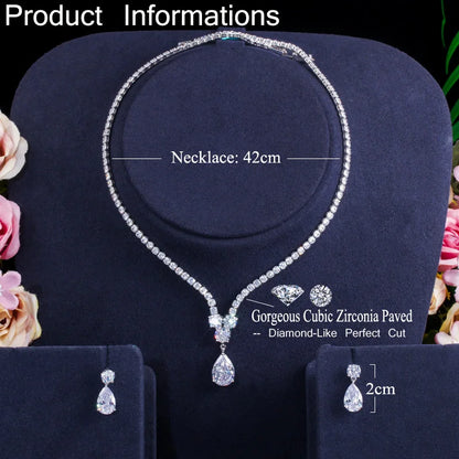 CWWZircons Fashion Cubic Zirconia Water Drop Pendant Necklace and Earrings Bridal Wedding Jewelry Sets for Brides Party T397