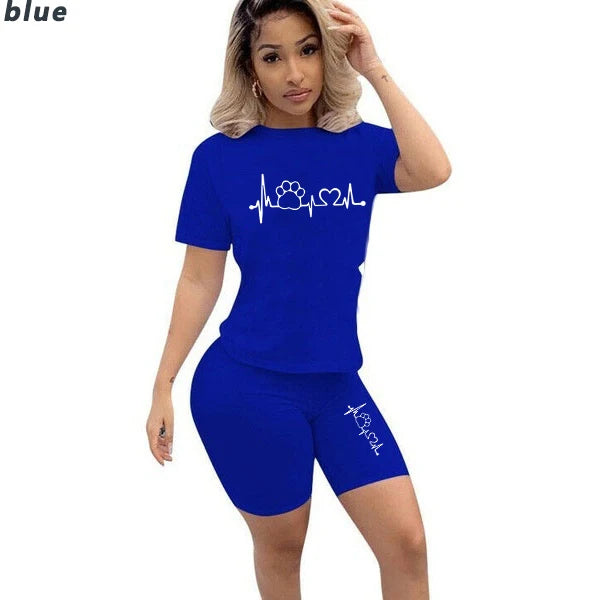 Summer Women Two Piece Set Sportswear T-Shirts and Shorts Ladies Casual O-Neck Pullover Short Sleeve T-Shirt Casual Tracksuit Blue 1