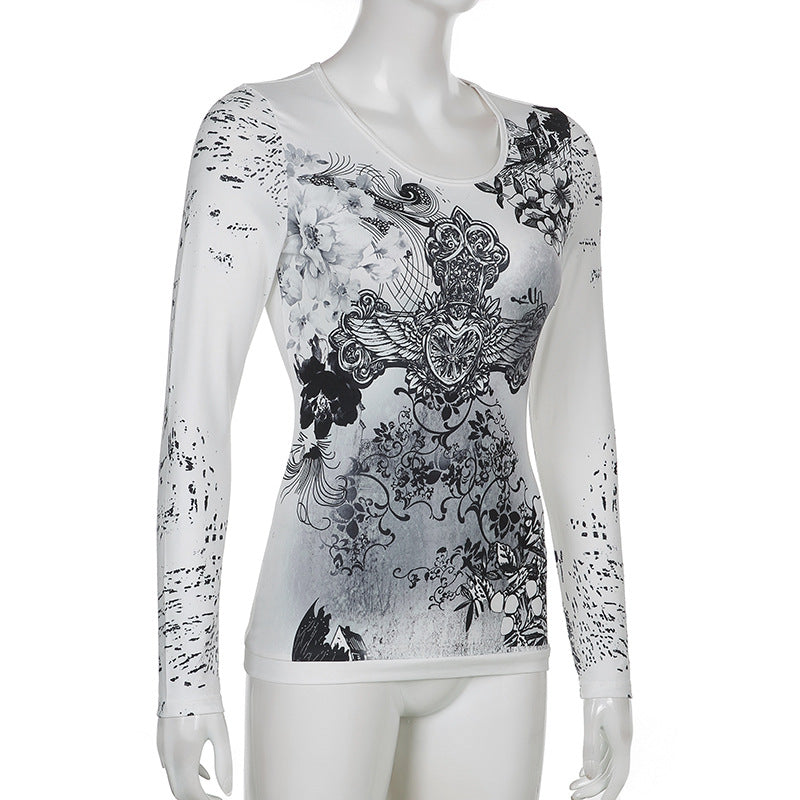 Women Long Sleeve Tops Gothic Graphic Print T-shirt Spring Fall Slim Fit Tee Tops Casual Shirts Y2K Aesthetic Clothes