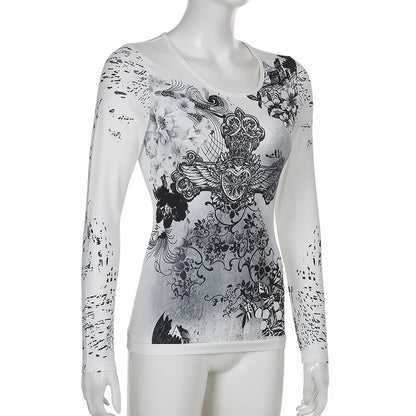 Women Long Sleeve Tops Gothic Graphic Print T-shirt Spring Fall Slim Fit Tee Tops Casual Shirts Y2K Aesthetic Clothes