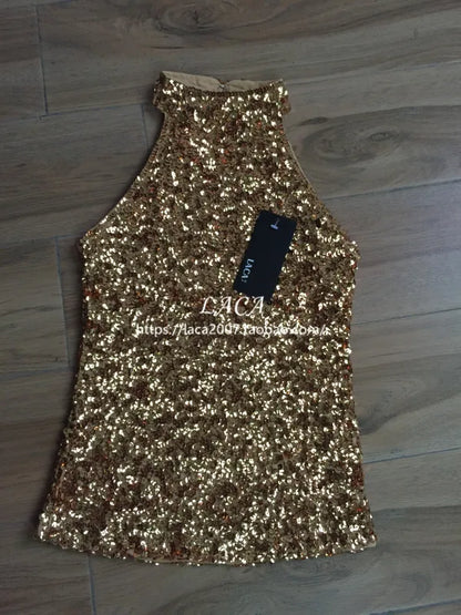 Sequins Women Fashion Shimmer Flashy Embellished High Quality Halter Neck Sleeveless Vest Sexy Tank Top Clubwear Stage Perform
