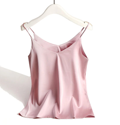 Spaghetti Strap Top Women Halter V Neck Basic White Cami Sleeveless Satin Silk Tank Tops Women'S Summer 2025 Camisole