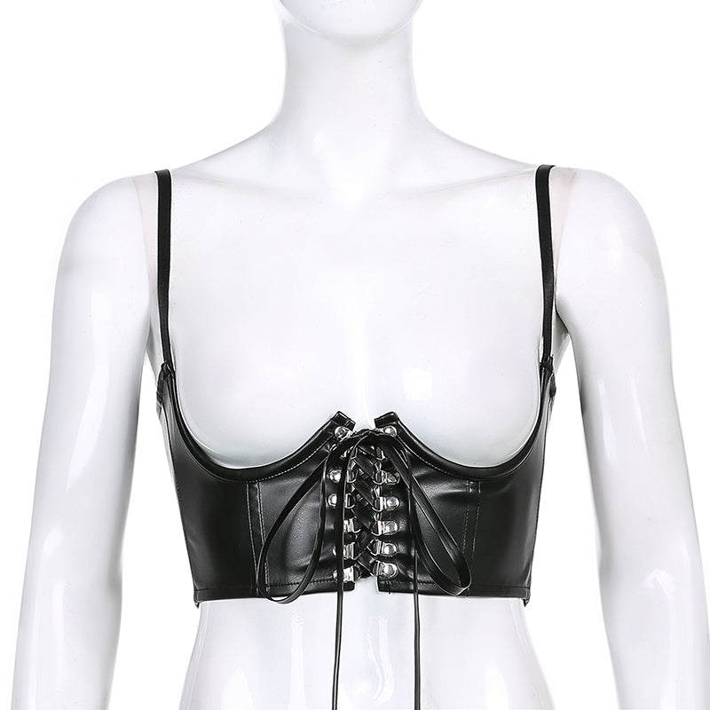 Women Corset Bustier Crop Top Lace-up Bandage Black Gothic Leather Underbust Suspender Cami Vest Waist BodyshaperTank Cummerbund