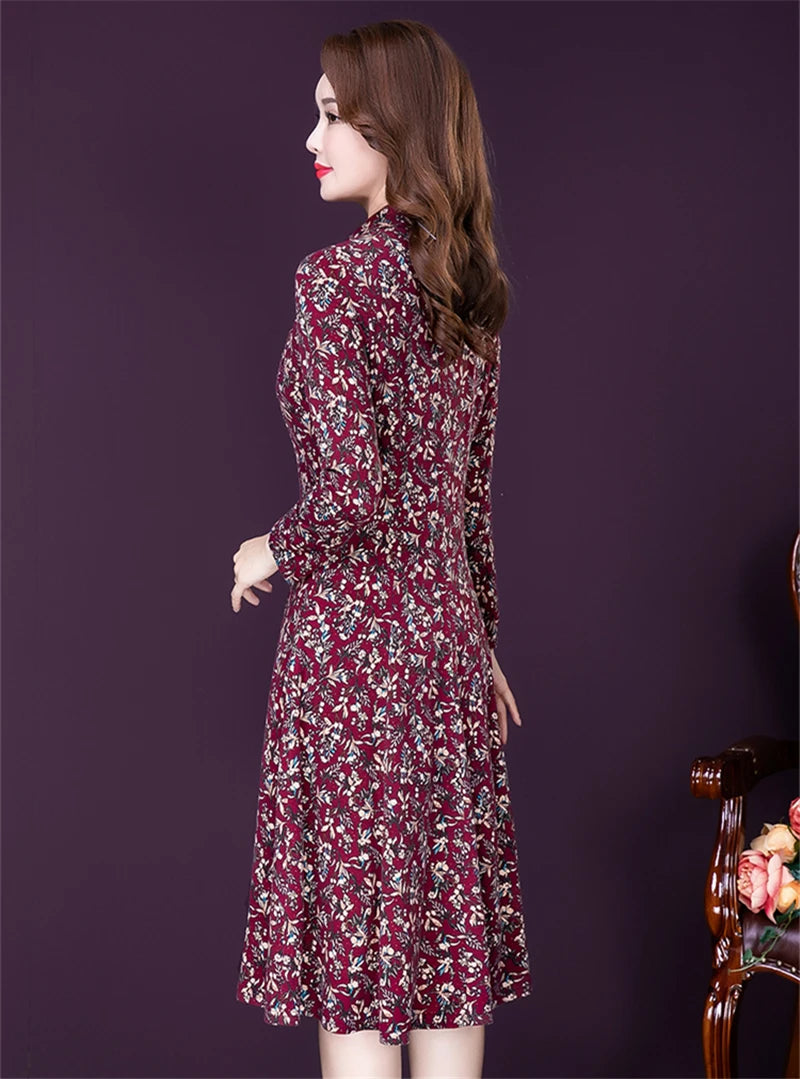 JiuMeiDai-Women's Elegant A-Line Polo Dress, Floral Print Robe, Vintage Designer Party Clothing, Office Lady, Autumn Badiee Stylez