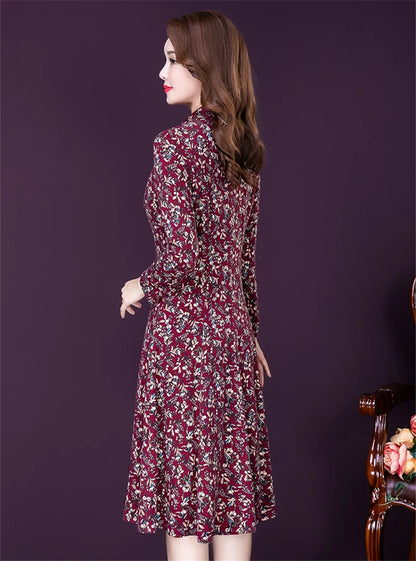 JiuMeiDai-Women's Elegant A-Line Polo Dress, Floral Print Robe, Vintage Designer Party Clothing, Office Lady, Autumn Badiee Stylez