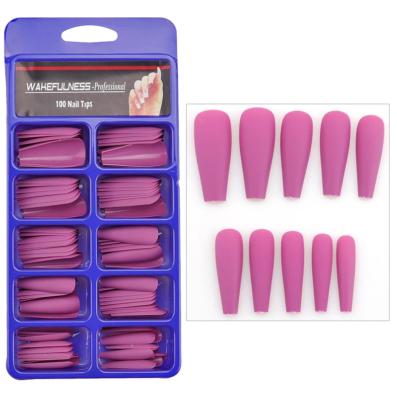WAKEFULNESS 100Pcs/Set Matte Fake Nail Art Tips Long Ballerina Coffin Nails ABS Full Cover Fasle Nails Tools Manicure 828