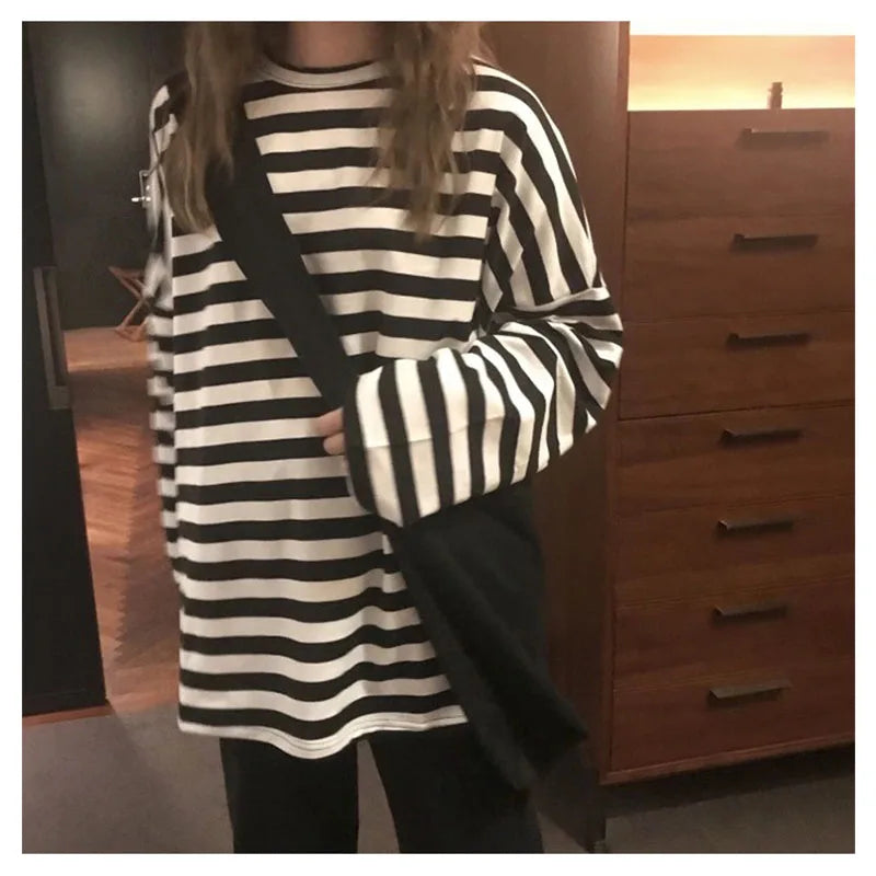 spring Autumn Women harajuku Striped Tshirt Long Sleeve O-Neck T-Shirts ulzzang Korean Casual T Shirt Femme black Tops