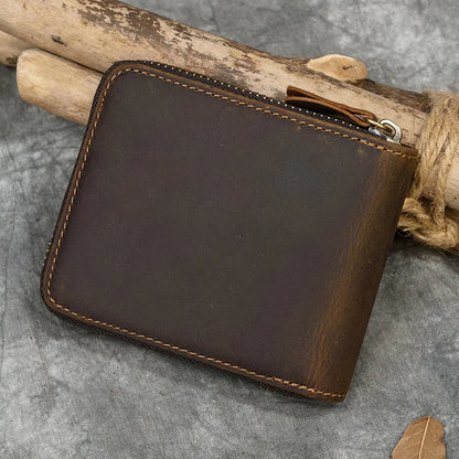 2023 New Short Wallet Men Women Vintage Fashion Card Holder Zipper Coin Purse Crazy Horse Leather Mens Slim Zipper Purse Wallet