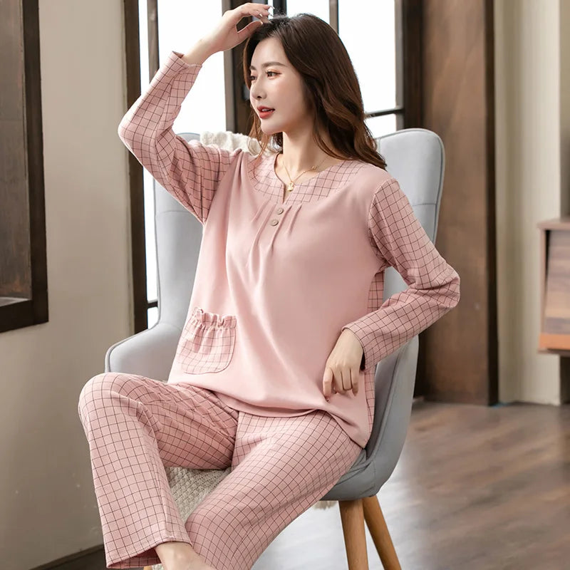 Big yards M-4XL v-neck long sleeve pajamas set for women floral print nightwear autumn cotton sleepwear nightie female pyjama TM8422