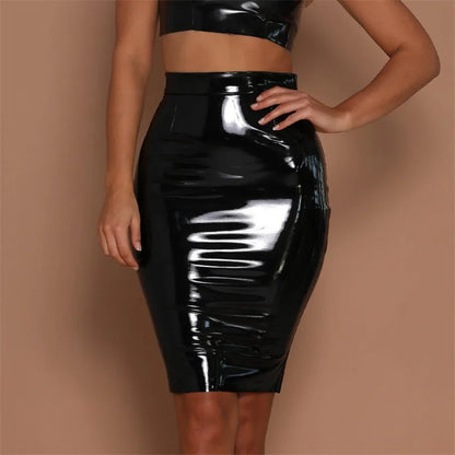 CHSDCSI Black Sexy women's Leather Skirts Streetwear Club Solid clothes Shiny High Waist pencil Skirt Lady Red Lady Skinny Skirt