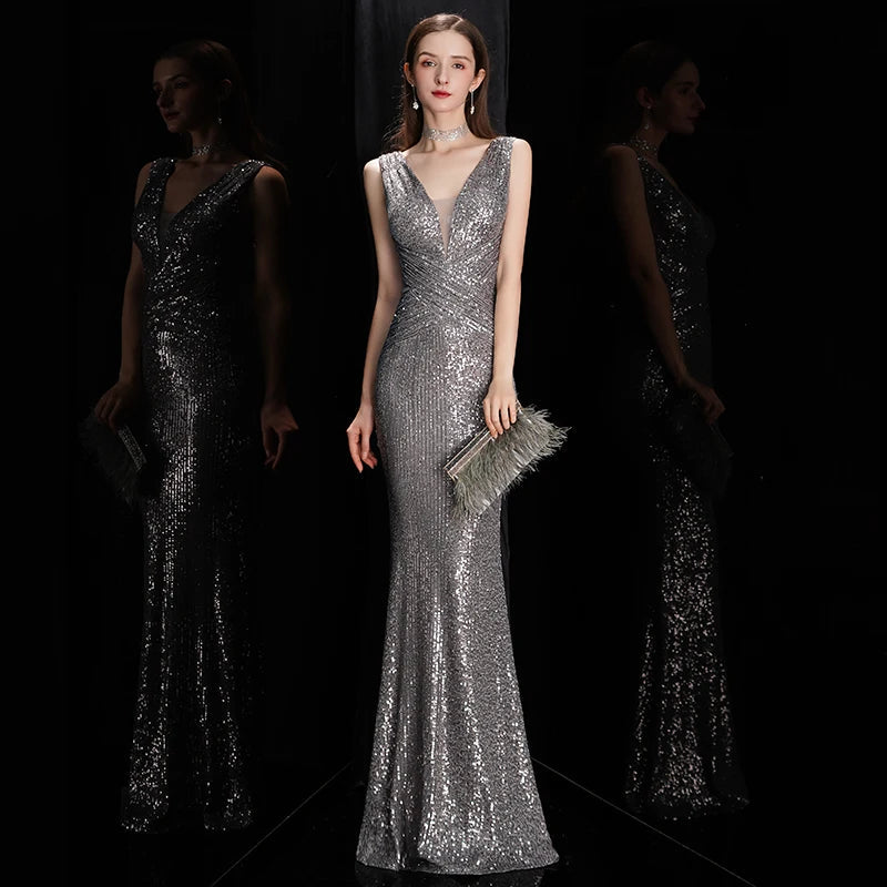 DEERVEADO Elegant V Neck Sequin Evening Dress Long 2025 New Women Mermaid Formal Dress Party Gown Bodycon Maxi Prom Dress Badiee Stylez