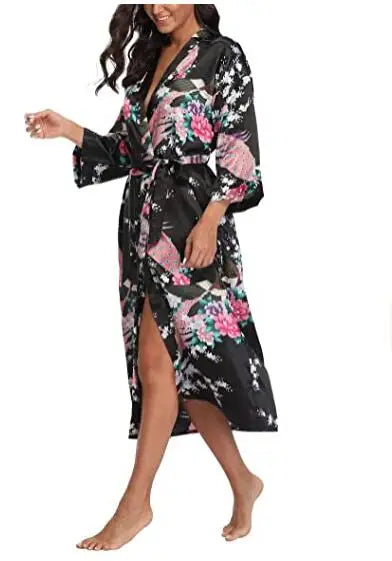 Sexy Women Long Robe With Pocket Wedding Bride Bridesmaid Dressing Gown Rayon Kimono Bathrobe Large Size S-XXXL Night Dress black