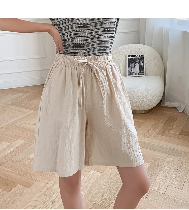 2024 Women Cotton Shorts,Summer Casual Solid Two Pockets shorts high waist loose shorts for girls Soft Cool female shorts
