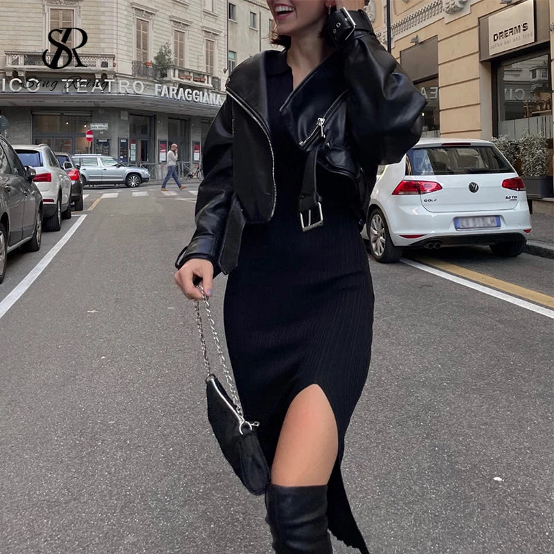 SINGREINY Women Korean Knitted Dress Long Sleeve V Neck Elastic Slim Pencil Dresses 2021 Autumn Sexy Bodycon Split Sweater Dress