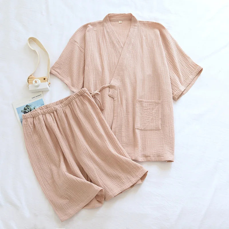 Summer Japanese Couples Pajamas Thin Cotton Gauze Crepe Short Sleeve Shorts Kimono Men and Women Home Clothes 2 Piece Sleepwear Men beige